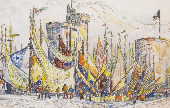 Boat, figure, tower, watercolor, sail, Paul Signac, The Port Of La Rochelle