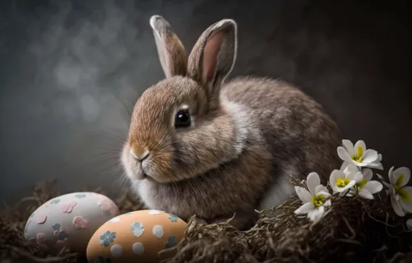 Flowers, grey, background, holiday, eggs, spring, rabbit, Easter