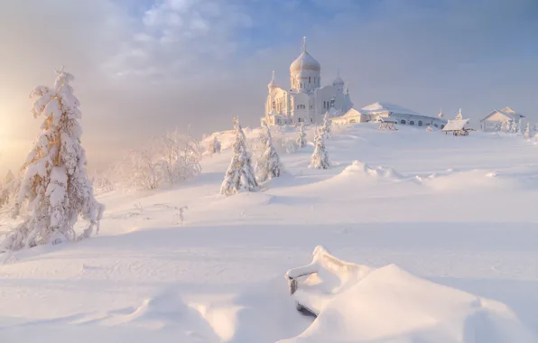 Picture winter, snow, trees, landscape, nature, the snow, temple, Russia