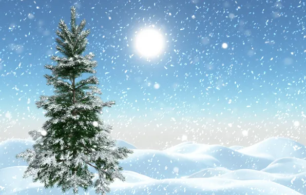 Winter, frost, the sky, the sun, light, snow, lights, rendering