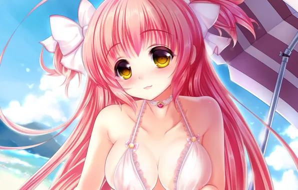 Girl, sexy, cleavage, pink hair, long hair, boobs, anime, beautiful