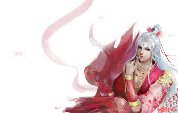 Picture the wind, spring, anime, art, guy, long hair, white hair, cherry blossoms