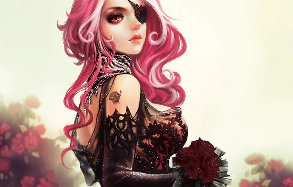 Girl, flowers, bouquet, art, headband, lace, pink hair