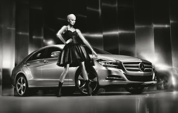 Girl, Mercedes-Benz, CLS, black and white, tsls, Mercedes-Benz, slightly blurry