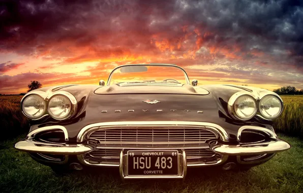 Car, machine, sunset, corvette, rarity, classic, chrome, chrevrolet