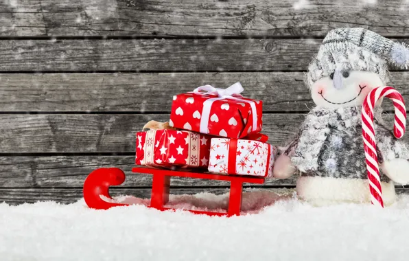 Picture winter, snow, decoration, New Year, Christmas, gifts, snowman, happy