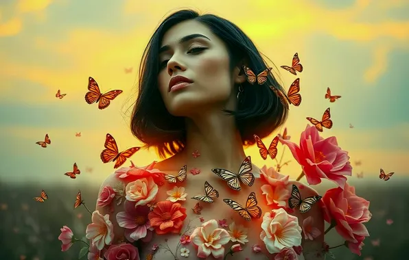 Girl, butterfly, sunset, flowers, fantasy, roses, digital art, generated by AI