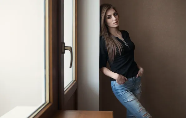 Pose, Girl, jeans, window, legs, Dmitry Shulgin, Nadezhda Maslova
