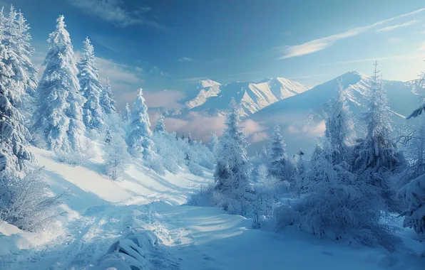 Winter, frost, road, forest, the sky, clouds, snow, mountains