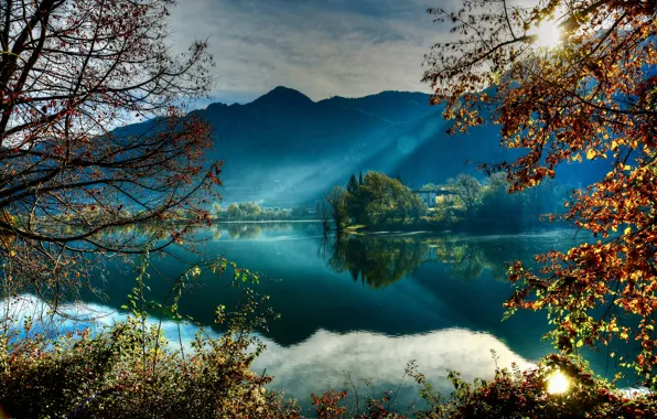 Picture autumn, trees, landscape, mountains, branches, nature, lake, Italy
