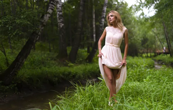Summer, girl, nature, pose, river, dress, Fry Eugene