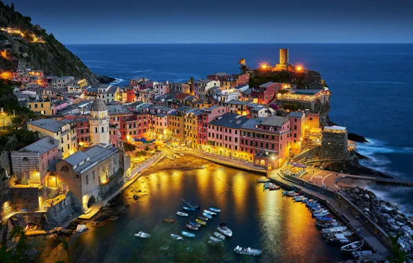 Sea, coast, building, home, boats, Italy, night city, Italy