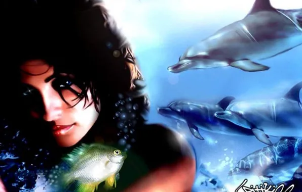 Water, mermaid, dolphins