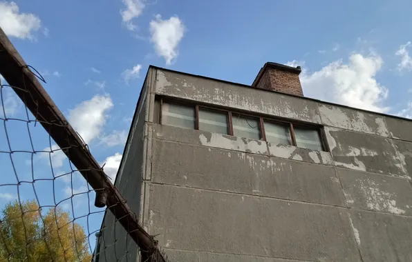 The sky, mesh, the fence, composition, shop, building, Soviet, zdanee