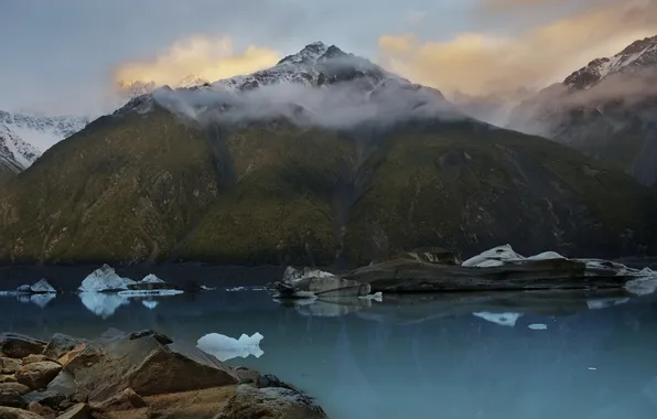 Clouds, mountains, Bay, ice