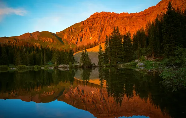 Forest, summer, the sky, water, reflection, mountains, the evening, Colorado