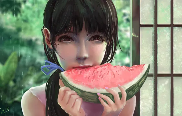 Picture girl, rain, watermelon, by xichechen