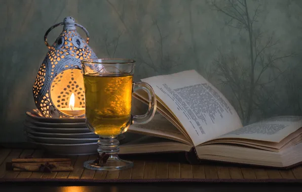 Picture tea, glass, candle, book, the first