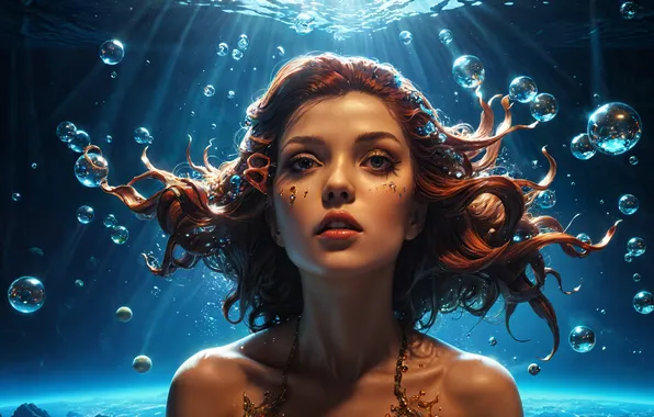 Girl, bubbles, under water