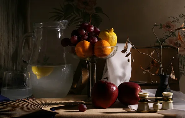 The dark background, apples, fan, grapes, dishes, binoculars, bag, pitcher