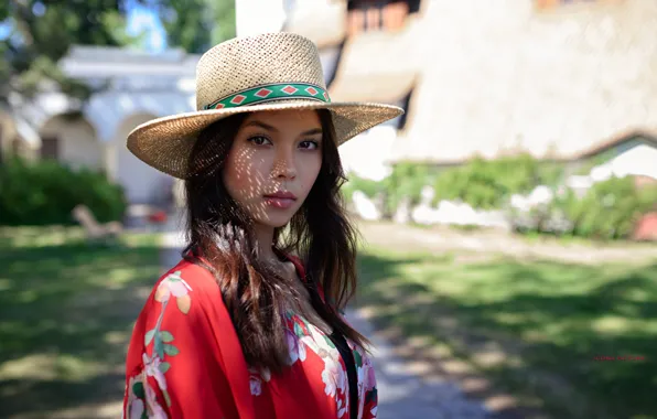 Look, the sun, model, portrait, hat, makeup, dress, brunette