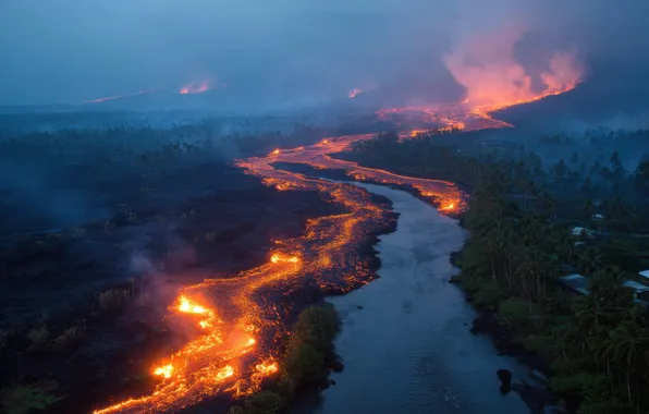 Night, fog, river, fire, for, smoke, the volcano, couples
