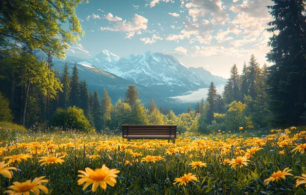 Field, forest, summer, the sky, clouds, flowers, mountains, bench