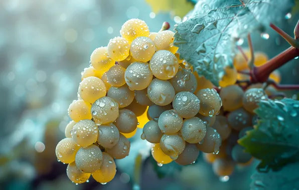 Leaves, drops, macro, light, yellow, green, grapes, vineyard