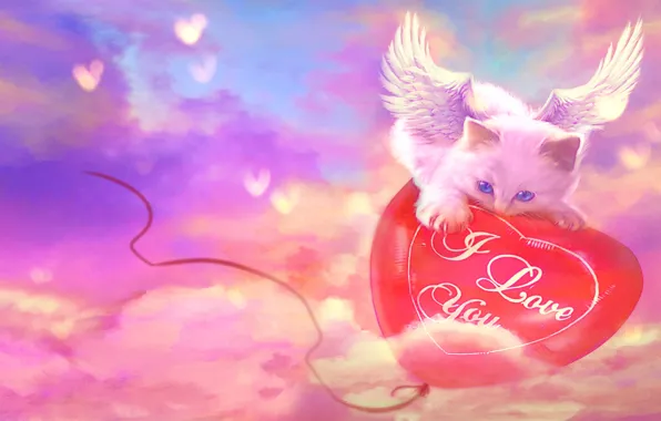 Picture cat, the inscription, wings, hearts, I love you, balloon