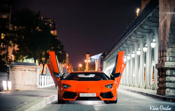 Picture night, the city, lights, France, Paris, Lamborghini, Lamborghini, Lamborghini