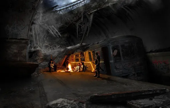 Train, the evening, the fire, Metro 2033