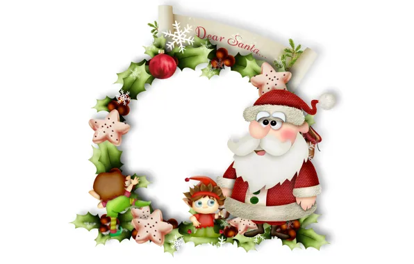 Picture balls, snowflakes, branches, elves, New year, Santa Claus, Santa Claus, needles