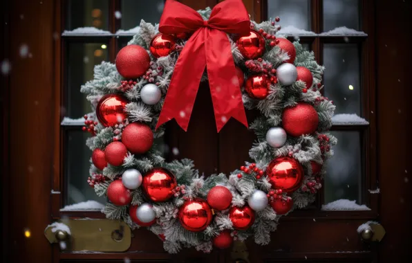 Winter, balls, snow, door, Christmas, New year, wreath, new year decorations