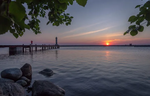 The sky, water, landscape, nature, river, stones, pier, white night