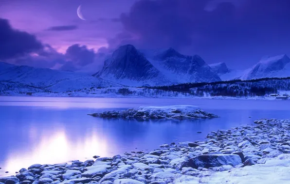 Winter, water, snow, mountains, the moon, Blue