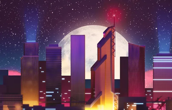 Picture Night, The city, Stars, The moon, Neon, Skyscrapers, Building, Background