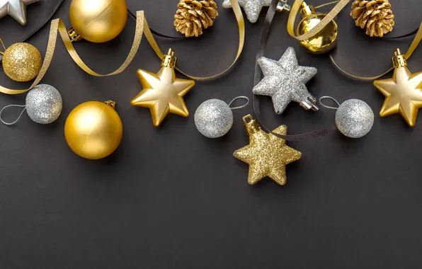 Decoration, gold, balls, New Year, Christmas, golden, black background, black