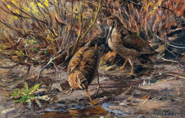 Grass, Birds, Stream, Picture, Two, German artist, Wilhelm Lorenz, Wilhelm Lorenz