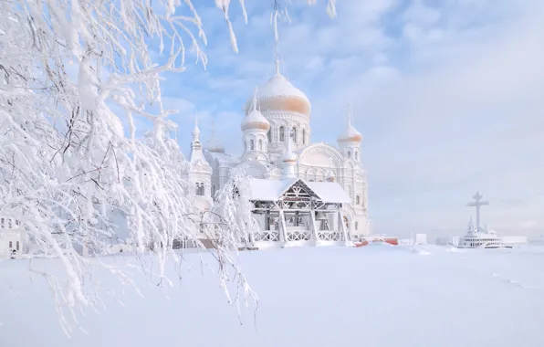 Picture winter, snow, landscape, nature, tree, temple, Russia, Perm Krai