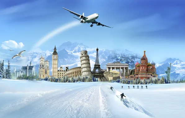 Mountains, building, statue, skiers, the plane, Pisa, Sabor, Winter.snow