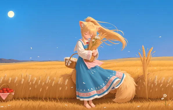 Wheat, field, girl, anime, day