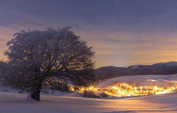 Picture winter, the sky, stars, snow, mountains, lights, Germany, village