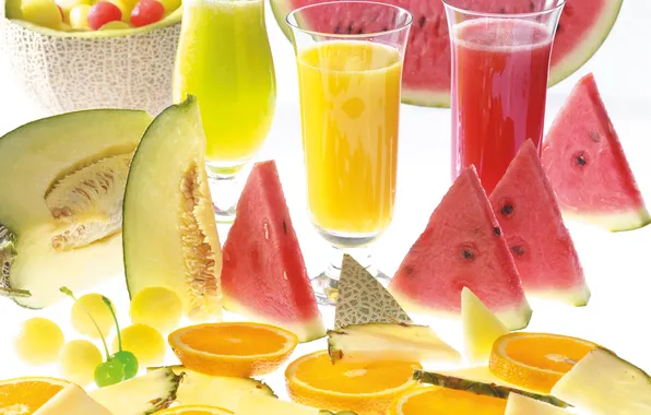 Orange, watermelon, juice, glasses, melon