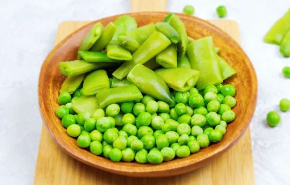 Plate, peas, white background, bowl, placer, pods, beans, cutting Board