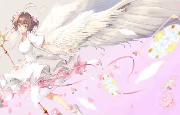 Picture wings, art, angel, anime, kinomoto sakura, girl, map, Card Captor Sakura