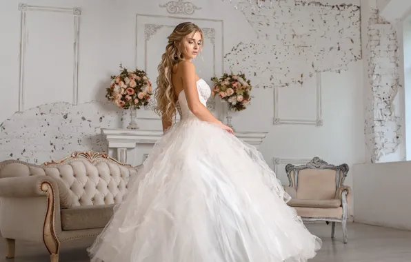 Picture look, girl, flowers, pose, room, hair, dress, beautiful
