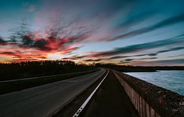 Road, the sky, clouds, sunset