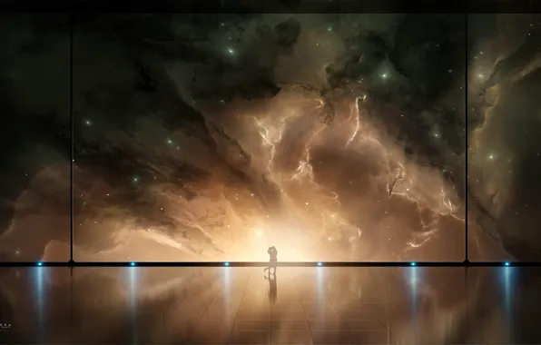 Girl, Stars, Space, Nebula, Silhouette, Art, Male, Fiction
