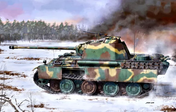 Picture Smoke, Germany, Snow, Tank, Panther, Average, Pz.Kpfw.V ausf G