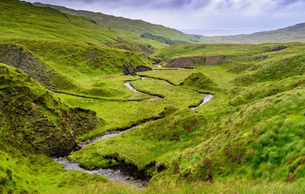 Picture greens, summer, the sky, grass, mountains, green, river, stream
